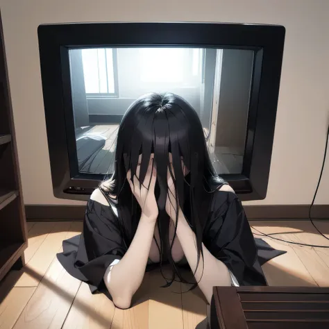 (masterpiece:1.3), (8k, realistic, RAW photo, top quality: 1.4), (2Women), (1 Sadako), ((Black hair covers eyes:1.3)), (1 Kayako), beautiful face, (realistic Face), beautiful fine details, (realistic Skin), beautiful skin, ((pale skin:1.4)), (small breasts...