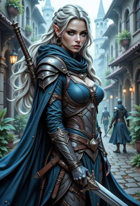 a picture of a female elf, fantasy swashbuckler, fantasy fencer, armed with a slim sword, shinning sword, magical sword, metallic shine, colorful clothes, full body, epic beautiful female elf, silver hair, braided hair, small pointed ears, wearing blue cl...