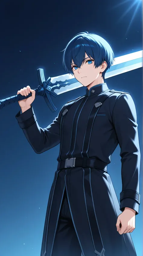 men ,blue short hair, blue eyes, uses big sword front view black clothes