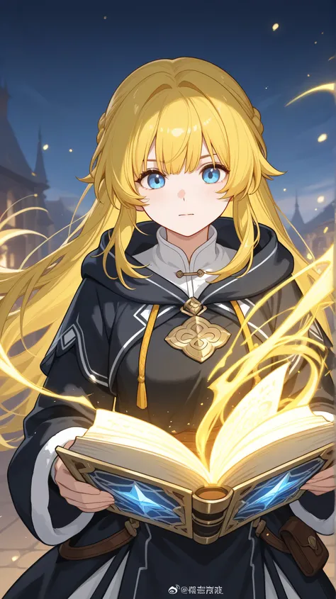 girl ,yellow hair like maomao, blue eyes, uses magic book front view black clothes