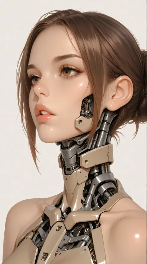 1girl, solo, brown hair, brown eyes, single hair bun, lips, parted lips, portrait, mechanical lower jaw, mechanical parts, short hair, bare shoulders, mechanical neck, simple background, science fiction