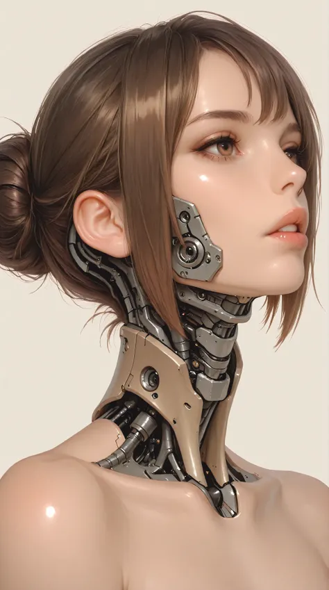 1girl, solo, brown hair, brown eyes, single hair bun, lips, parted lips, portrait, mechanical lower jaw, mechanical parts, short hair, bare shoulders, mechanical neck, simple background, science fiction