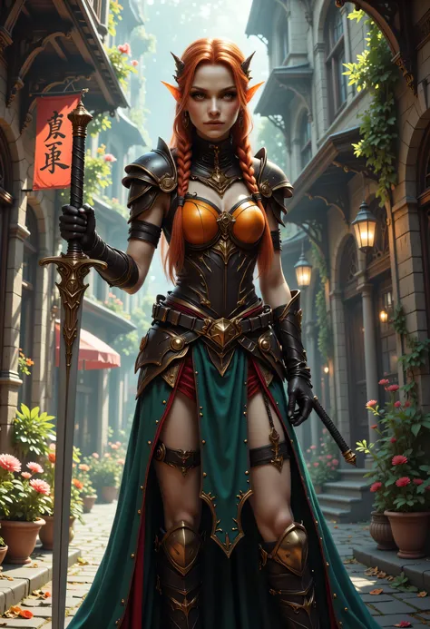 a picture of a female elf, fantasy swashbuckler, fantasy fencer, armed with a slim sword, shinning sword, magical sword, metallic shine, colorful clothes, full body, epic beautiful female elf, red hair, braided hair, small pointed ears, wearing  blue cloak...