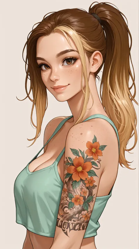 1girl, solo, brown eyes, smile, ponytail, looking at viewer, tattoo, blonde hair, brown hair, flower tattoo, upper body, bare shoulders, crop top, freckles, multicolored hair, long hair, arm tattoo, lips, simple background, detailed face