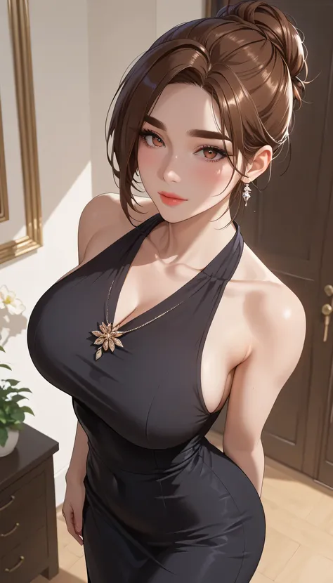(masterpiece, best_quality:1.2), 1girl, solo, Webtoon Character) Aunt June [Jung Eun-ea] / 정은애 (Secret Class / 비밀수업), brown hair, mature female, short hair, single hair bun, (thick eyebrows:0.7), (black dress, sleeveless, long dress, pencil dress), large b...