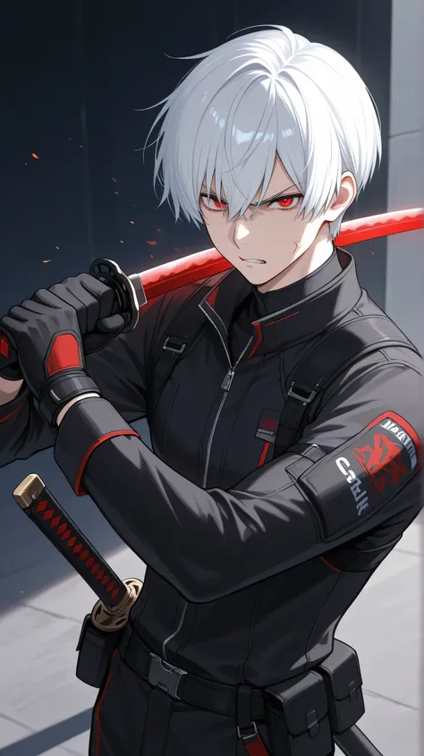men ,white short hair, red eyes, uses katana front view black clothes angry ekspresion