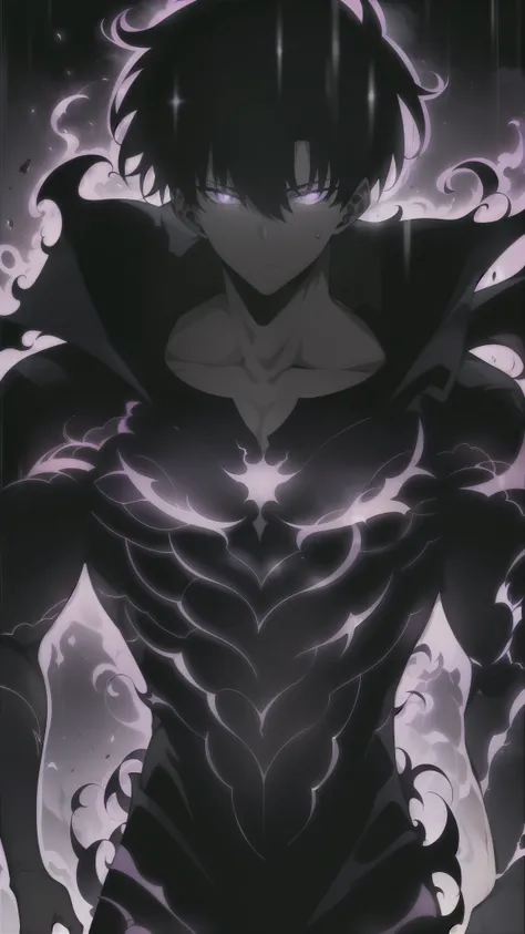 Super detailed 8K masterpiece portrait of a lone male character inspired by Kaneki Ken in Tokyo Ghoul, in the art style of Solo Leveling. short black hair, bright purple eyes, pale skin , cinematic light, Strong depth of field. Black hood, rain drenched, ...