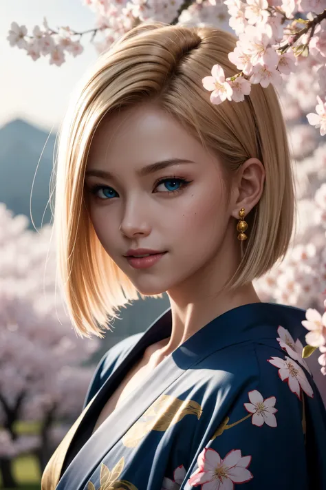 No.18,Dragon Ball Z,Dragon Ball Super,One-length hair,beautiful white blond hair, beautiful blue eyes ,PINK LIPS,white skin,in a cherry blossom colored kimono studded with beautiful gold leaf,smile,ultra-high image quality of processing,super quality,maste...