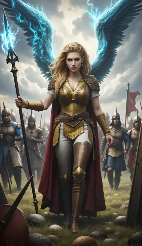 A stunning Valkyrie standing amidst a battlefield, radiating divine presence. She wears gleaming golden armor engraved with Norse runes, and ethereal wings shimmer with celestial light. Her long wavy hair flows in the wind, her expression fierce and majest...