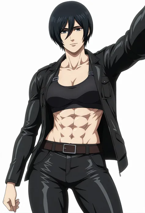 anime coloring, anime screencap, mikasa ackerman, 1girl, solo, short hair, black hair, towards viewer, badass, closed mouth, black sport bra, , belt, black pants, standing, cowboy shot, reaching towards viewer,, white background, simple background, masterp...