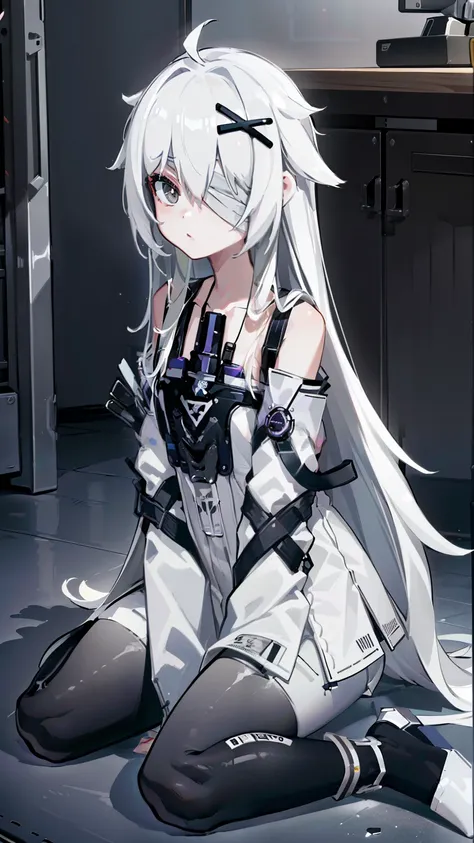 (best quality:1.3), (masterpiece:1.3), (illustration:1.3), (ultra-detailed:1.3), 1girl, solo, white hair, long hair, (((gray eyes, bandage over one eye,))) white dress, suspenders, bare shoulders, detached sleeves, sleeves past fingers, gradient leggings, ...