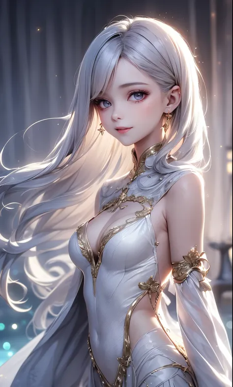 (masterpiece),(4K),High Quality,(small breasts, cleavage),sexy girl、Sexy Saint , Long Silver Hair ,pale skin,smile, beautifully detailed grey eyes, ( high-definition and elegant ),( white cape let fashion), Magical Color and Atmosphere, detailed skin from ...