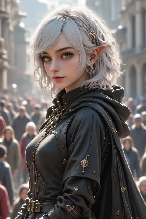 beautiful birch hair、short hair，Ivory Eyes、 clear eyes ，dark fantasy、Sacred、pointed ears、BIOLOGICALLY CORRECT、smile、中世のチュニック，cloak，I'm showing off my legs 、fine skin、long hair、light、reflection、beautiful legs ,  great detail of body and face in a sensual an...