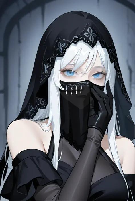Scary stoic with Cold look white hair girl with blue eyes in dress with few ornament while wearing a black glove and black thin veil over her face