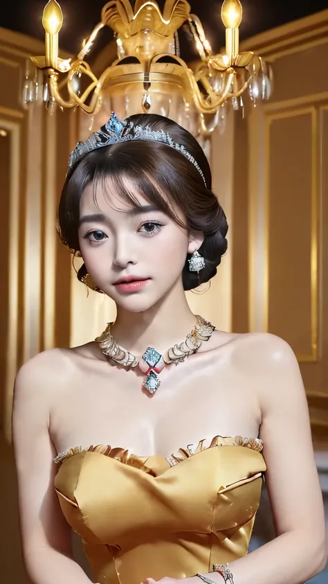 ( Upper Body Shots : 1.5), ( Royal Dress with jewels : 1.5), ( strapless dress : 1.4), ( tiara : 1.4), (royal luxury chandelier background : 1.4), very detailed, HD , Kodak Portrait 400, film grain , lens flare glow , top quality ,8k, smooth ligh...