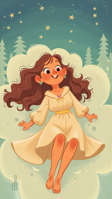 A 2D digital illustration picture,A stylish and elegant young woman(has long brown wavy hair that is naturally flowing,Brown eyes, yellow skin),wearing an off-white loose dress,Lie on the soft clouds in the starry sky,Relaxed expression 。The painting style...