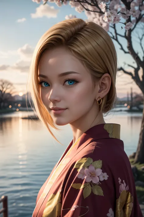 No.18,Dragon Ball Z,Dragon Ball Super,One-length hair,beautiful white blond hair, beautiful blue eyes ,PINK LIPS,white skin,in a cherry blossom colored kimono studded with beautiful gold leaf,smile,ultra-high image quality of processing,super quality,maste...