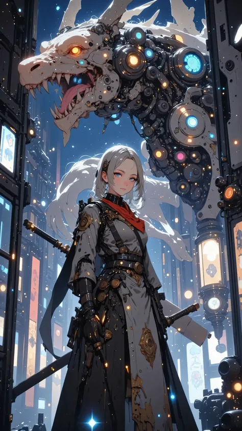 A focused female cyborg with a mechanical dragon head arm, her face showing tension and determination, holding a massive giant katana that stands as the centerpiece of the scene, its long, curved blade adorned with intricate engravings of celestial dragons...
