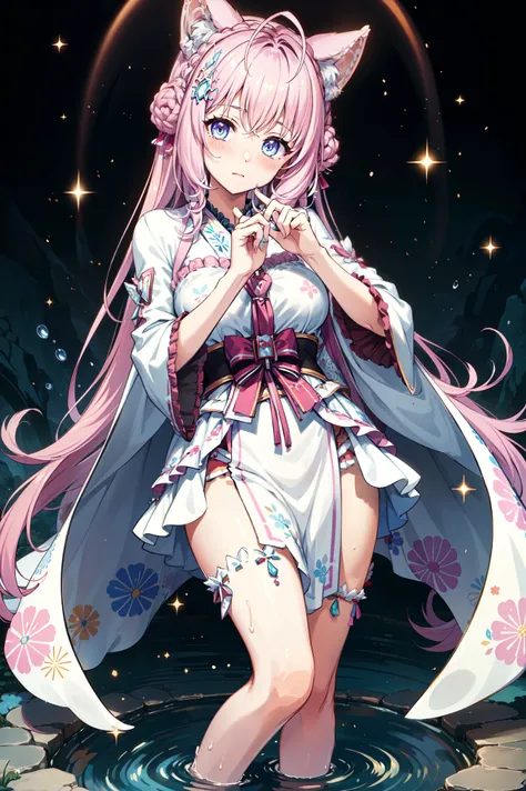 ((( best quality, high resolution in river water , masterpiece , masterpiece , best , high resolution in river water ))). a girl , . (((Mine is beautiful , cute girl, has beautiful pink hair , Short, Slim figure , and anime faces))). She...