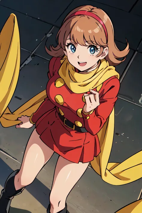 Cyborg 003 , city , miniskirt , Gold , Yellow Scarf , From the above , (top quality , masterpiece , RAW photos , Ultra Details:1 . 2) , , 1 girl , solo , viewers , smile ,