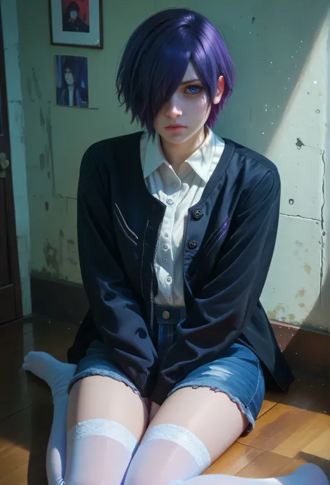 highly detailed, ultra-detailed, finely crafted features, Cinematic lighting,  photorealistic, Moody Atmosphere,  a young girl, ((short blue-purple hair covering left side of her face: covering one eye)), ((blue- purple eye)), calm face features, Beautiful...