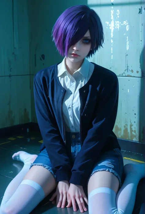 highly detailed, ultra-detailed, finely crafted features, Cinematic lighting, photorealistic, Moody Atmosphere, a young girl, ((short blue-purple hair covering left side of her face: covering one eye)), ((blue- purple eye)), calm face features, Beautiful...