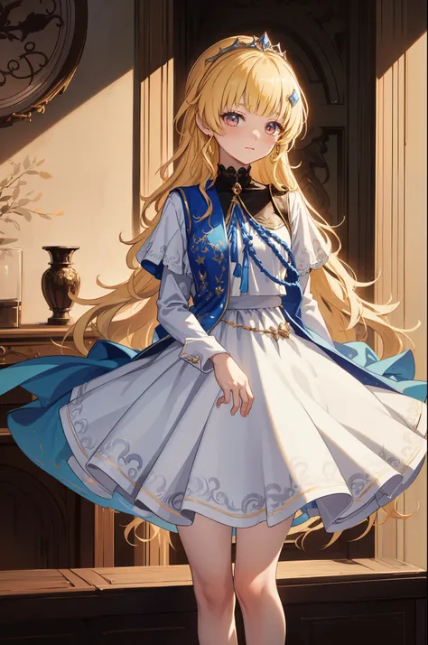 age Girl， charming，gorgeous，In Love ，sacred，( Yellow and White Princess Skirt :1.3)，blond，klee， red eyes， Minimalism ， Multi-layer exquisite ruffles ，Lots of Lace，( Lines on clothes :1.2)，( Exquisite clothing :1.1)，(Multi-layer Skirt ),Princess Crown， Pers...