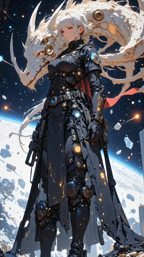 ((she holds a black assault rifle in her hand、With a focused and nervous expression、holds it straight ahead as if she were ready to shoot))、((Upper Body Machine Beauty))、Her((Half of the body is a machine))、((The head of a dragon whose arm is a machine))、(...