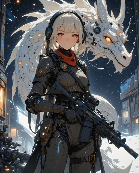 Huge gun、Hold a gun in front、((she holds a black assault rifle in her hand、With a focused and nervous expression、holds it straight ahead as if she were ready to shoot))、((The head of a dragon whose arm is a machine))、((Future equipment)),((Symbiote between...