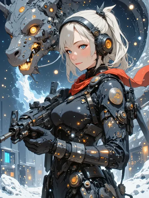 Huge gun、Hold a gun in front、((she holds a black assault rifle in her hand、With a focused and nervous expression、holds it straight ahead as if she were ready to shoot))、((The head of a dragon whose arm is a machine))、((Future equipment)),((Symbiote between...