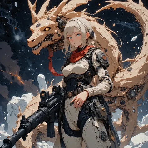Huge gun、Hold a gun in front、((she holds a black assault rifle in her hand、With a focused and nervous expression、holds it straight ahead as if she were ready to shoot))、((The head of a dragon whose arm is a machine))、((Future equipment)),((Symbiote between...
