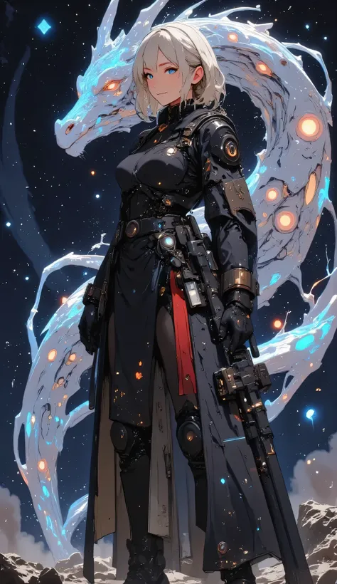 ((she holds a black assault rifle in her hand、With a focused and nervous expression、holds it straight ahead as if she were ready to shoot))、((The head of a dragon whose arm is a machine))、((Future equipment)),((Symbiote between mechanical prosthetics and b...