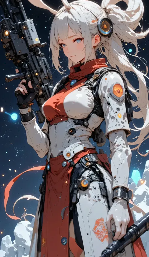 ((Mechanical beauty))、Her((half of her body is a machine))、((The head of a dragon whose arm is a machine))、((Future equipment)),((Symbiote between mechanical prosthetics and biological tissue)),A towering robot stands proudly amidst a nebula of swirling st...