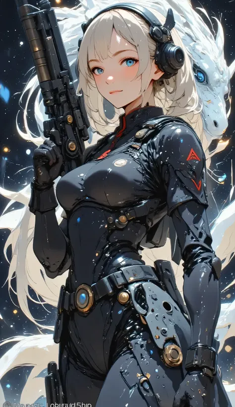 ((she holds a black assault rifle in her hand、With a focused and nervous expression、holds it straight ahead as if she were ready to shoot))、((Upper Body Machine Beauty))、Her((Half of the body is a machine))、((The head of a dragon whose arm is a machine))、(...