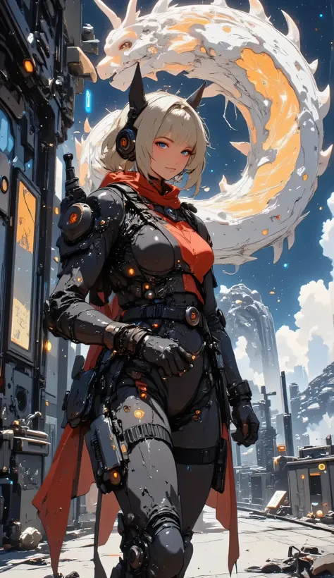 ((she holds a black assault rifle in her hand、With a focused and nervous expression、holds it straight ahead as if she were ready to shoot))、((Upper Body Machine Beauty))、Her((half of her body is a machine))、((The head of a dragon whose arm is a machine))、(...