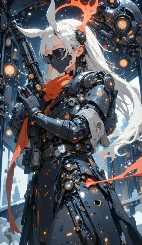 ((she holds a black assault rifle in her hand、With a focused and nervous expression、holds it straight ahead as if she were ready to shoot))、((Upper Body Machine Beauty))、Her((Half of the body is a machine))、((The head of a dragon whose arm is a machine))、(...
