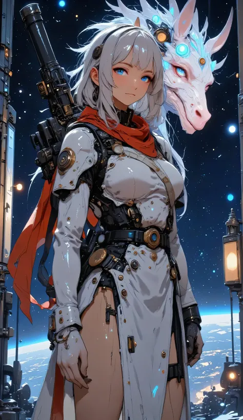((mechanical beauty))、Her((Half of the body is a machine))、((The head of a dragon whose arm is a machine))、((Future equipment)),((Symbiote between mechanical prosthetics and biological tissue)),A towering robot stands proudly amidst a nebula of swirling st...