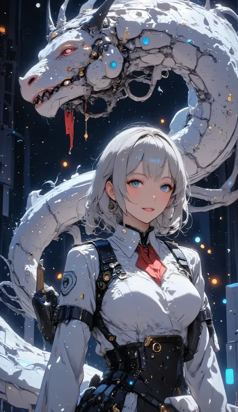 ((Upper Body Machine Beauty))、Her((Half of the body is a machine))、（（The head of a dragon whose arm is a machine））、((Future equipment)),((Symbiote between mechanical prosthetics and biological tissue)),A towering robot stands proudly amidst a nebula of swi...