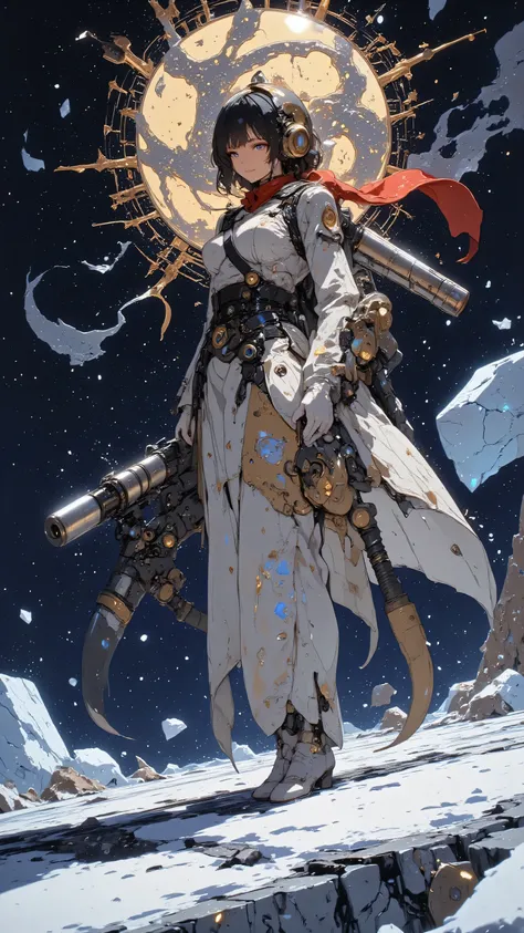 Her half body is a machine、（（The head of a dragon whose arm is a machine））、((Future equipment)),((Symbiote between mechanical prosthetics and biological tissue)),A towering robot stands proudly amidst a nebula of swirling starDust, its mechanical framework...