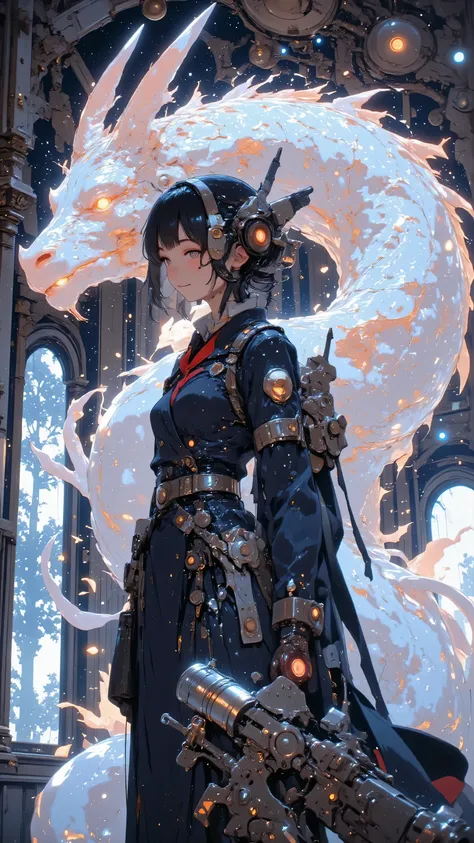 Her half body is a machine、（（The head of a dragon whose arm is a machine））、((Future equipment)),((Symbiote between mechanical prosthetics and biological tissue)),A towering robot stands proudly amidst a nebula of swirling starDust, its mechanical framework...