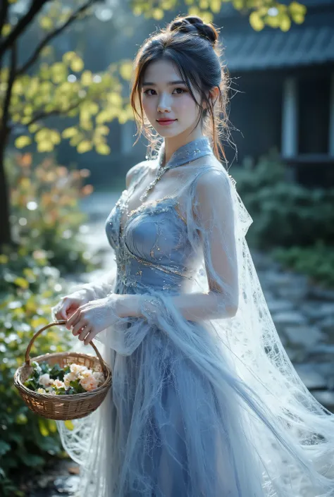 Scene Setup：Garden ghost．If there is a soft wire tangled between her fingers，to form a high bun with flowing spiky hair。A mist，Dew glitters，Her dream of a fairy，One step at a time，The wide flowing skirt。


 Clothing Description ：
silk chain with a number o...