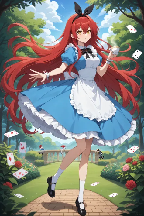 ((masterpiece)), ((best quality)), ((ultra-detailed)), superfine illustration, highly detailed beautiful face and eyes, perfect anatomy, (high resolution), 1 girl, golden eyes, very long hair, long side stripes, red hair, medium breasts, petite, very cute,...