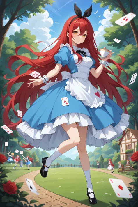 ((masterpiece)), ((best quality)), ((ultra-detailed)), superfine illustration, highly detailed beautiful face and eyes, perfect anatomy, (high resolution), 1 girl, golden eyes, very long hair, long side stripes, red hair, medium breasts, petite, very cute,...
