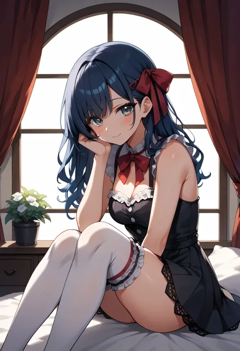A soft and emotional digital illustration of a gothic ta girl sitting in a sun-dappled antique room, looking directly at the viewer with a gentle, almost shy expression. Her outfit is detailed with black lace, deep burgundy ribbons, and frilled stockings. ...