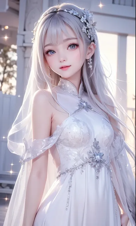(masterpiece),(4K),High Quality,(small breasts),one girl、Sexy Saint , Long Silver Hair ,pale skin,smile, beautifully detailed grey eyes, ( high-definition and elegant ),( white cape let fashion), Magical Color and Atmosphere, detailed skin from sleeve to c...
