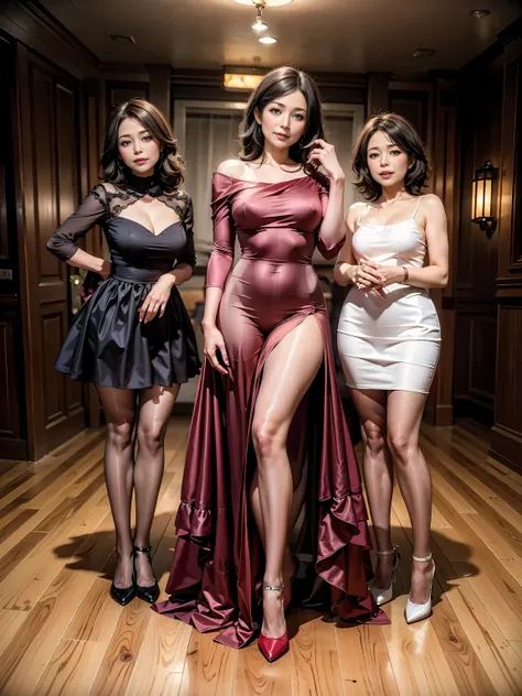 ３Men's Tall Adult Women　((３A 50-year-old woman)) ３ middle-aged woman　((skinny body))  Body with Excellent Style  　A-line ruffle dress　ruffle skirt　long hair　(Pantyhose:1.2)　 (high heels)　full body　Draw to the toes　　top quality　４K　standing