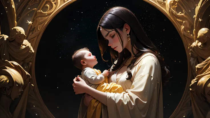 A Renaissance-style oil painting. A glowing soul descends from the heavens toward a newborn cradled by an ancient divine figure cloaked in golden robes. Ethereal light surrounds them. The background is vast and cosmic, filled with stars and symbols fading...