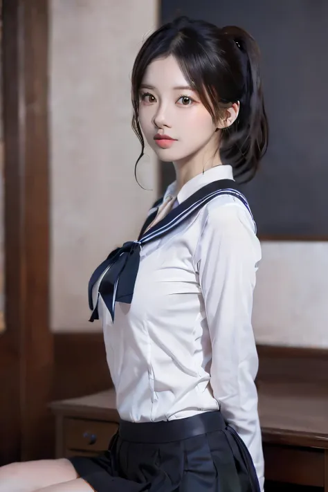 (1girl:1.3, solo), (a extremely pretty and beautiful Japanese woman), (sexy girl), (professional attire:1.3), (22 years old: 1.1), (from below:1.3), (low angle:1.3), (ground level shot:1.3), (girl on top:1.3), (arms behind back between legs:1.3), (attracti...