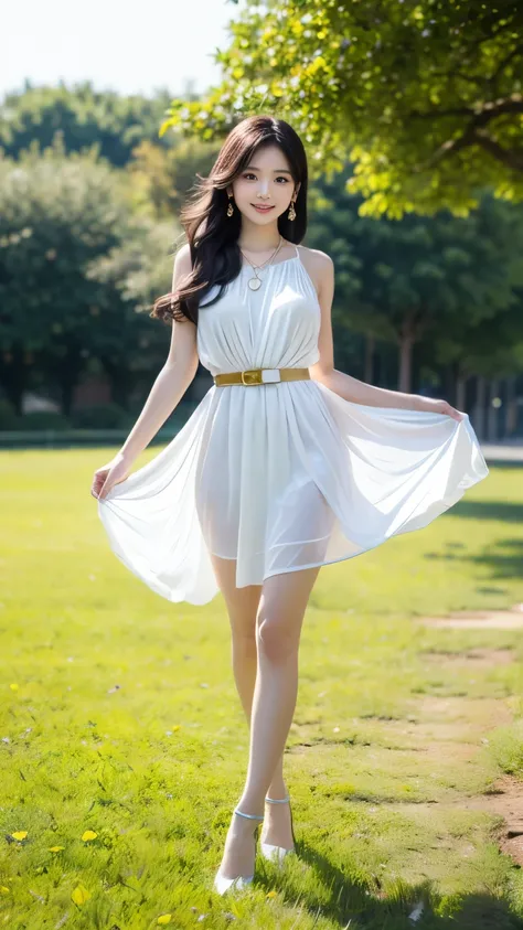 Transparent white one-piece dress:(1.45), Strong summer sunlight:(1.35), Full length shot:(1.5), Japanese female:(1.5), 18 years old:(1.25), Twin-tail hairstyle:(1.45), Shiny black hair:(1.3), (Clear black eyes), Light in eyes, White high heel pumps (1.3),...