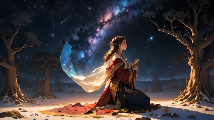 A majestic Renaissance oil painting, wide 16:9 canvas, portraying a figure kneeling in front of a radiant cosmic tree, whose branches extend into the stars. Ethereal spirits and constellations orbit above, creating a divine atmosphere of destiny and forgot...